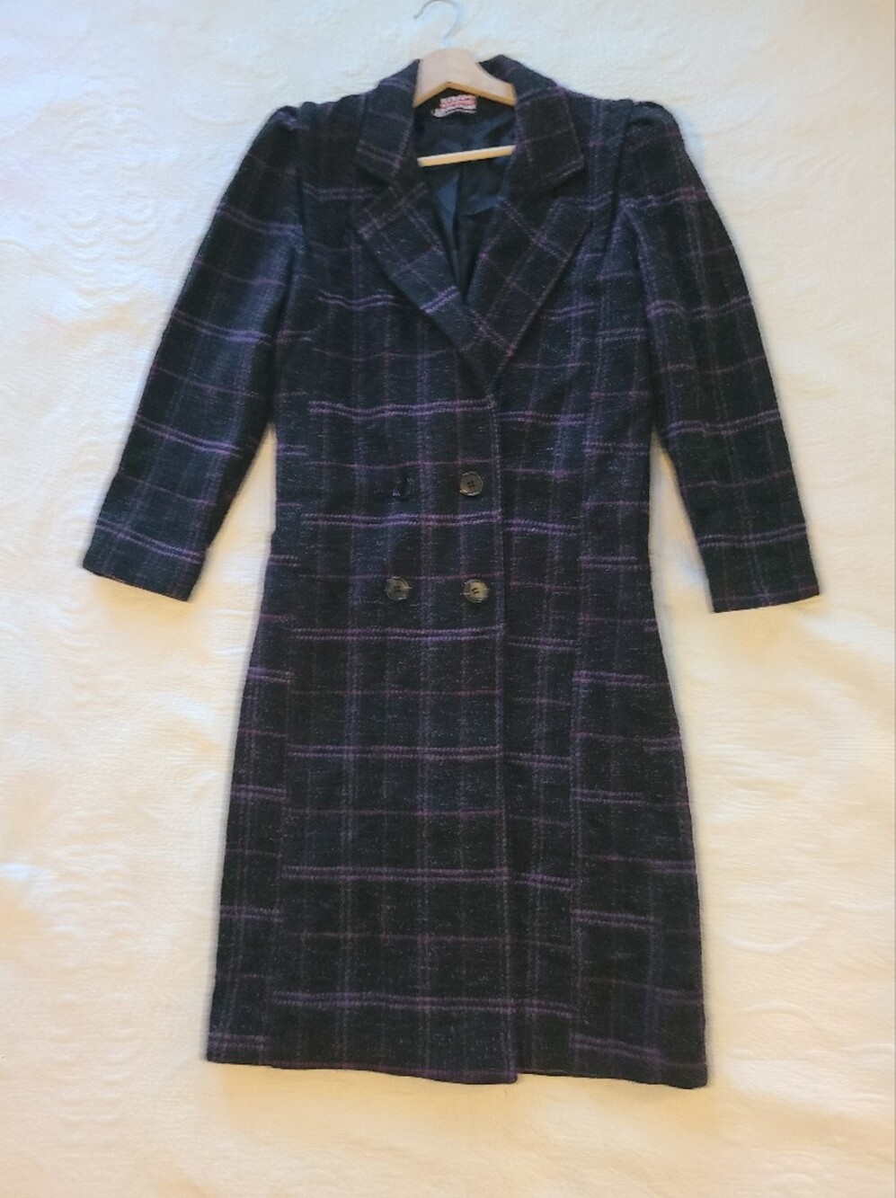 New York Girl Double-Breasted Plaid Wool-Blend Long Coat Black & Purple Overcoat